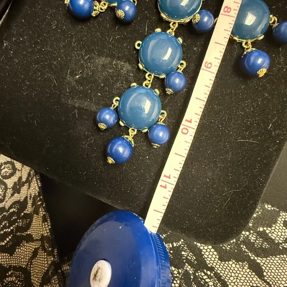 Blue Cabochon‎ Statement Bib Necklace Gold Tone Tiered Bead Drop Adjustable